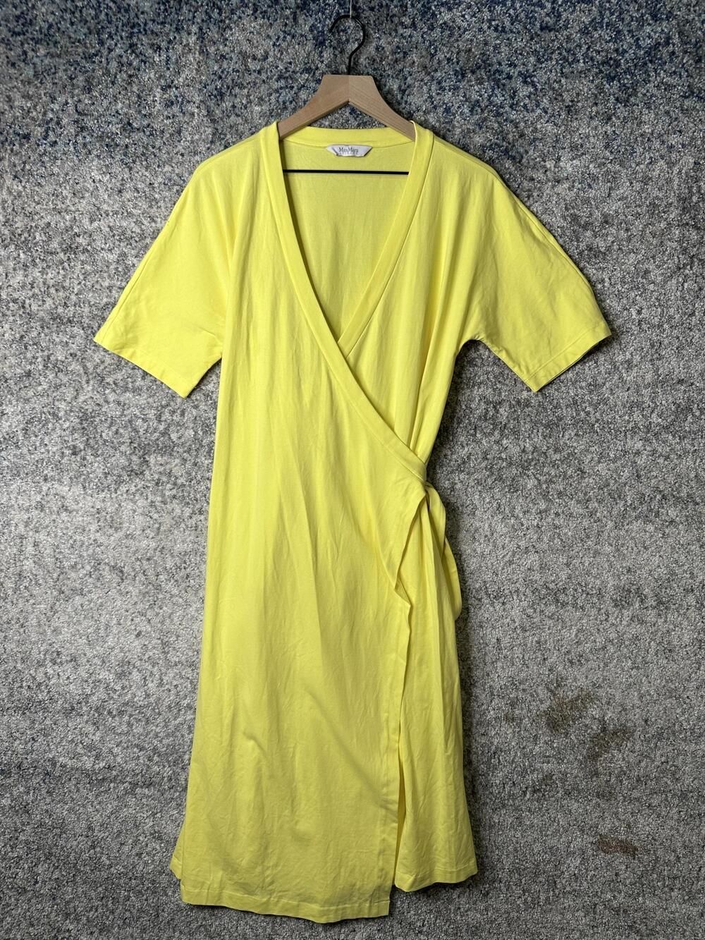 MaxMara Leisure Dress Womens Medium Yellow Jersey Wrap Midi Short Sleeve